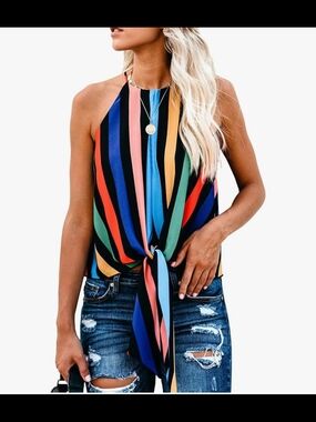 Halter Neck Front Tie Rainbow Stripe Lined Top